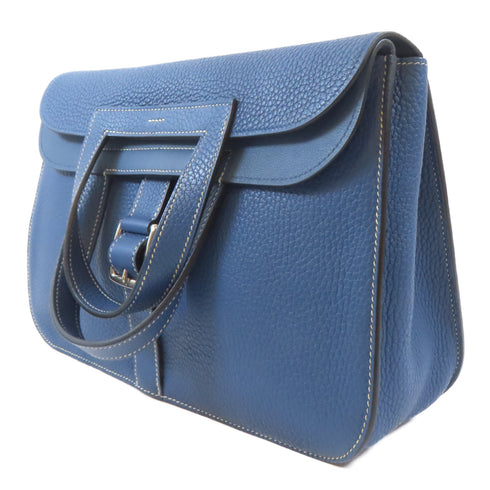 HERMES PHW Halzan 31 2 Way Shoulder Handbag Clemence Leather Blue