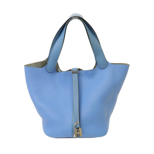 HERMES PHW Picotin MM Handbag Clemence Leather Blue v1