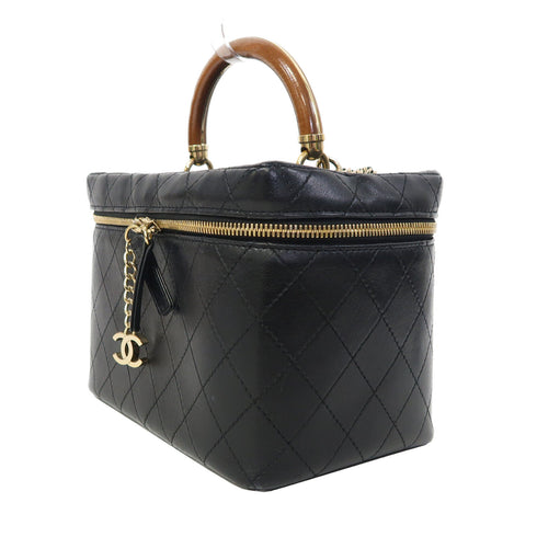CHANEL Quilted CC GHW Vanity Cosmetic Bag 2 Way Bag Lambskin Leather Black