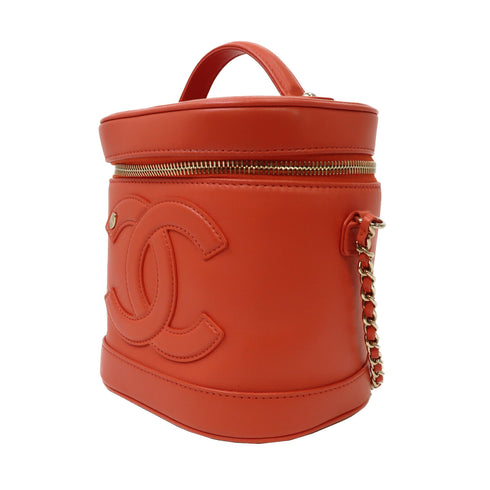 CHANEL CC GHW Vanity Case 2 Way Chain Shoulder Bag Handbag Lambskin Leather Red