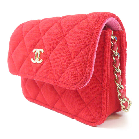 CHANEL Quilted CC GHW Chain Shoulder Crossbody Bag Fabric Red