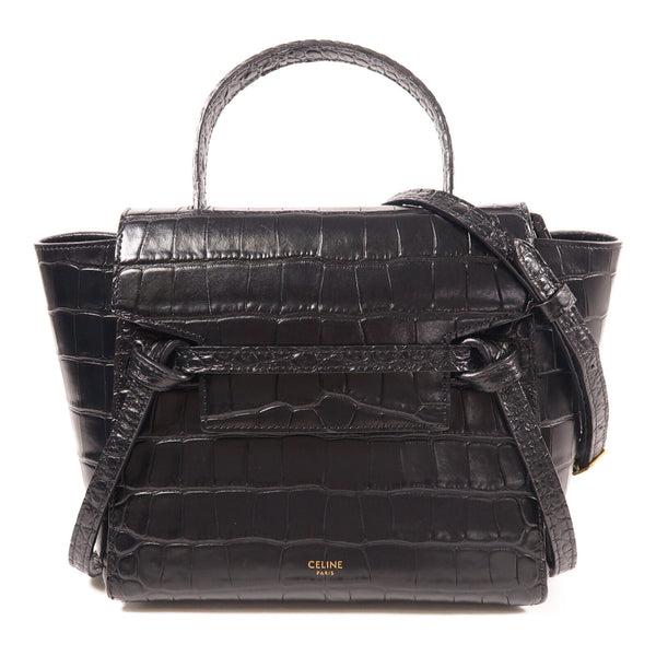 CELINE GHW Belt Bag 2 Way Shoulder Handbag Embossed Calfskin Leather Black