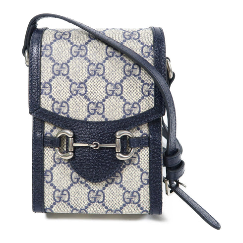 GUCCI GG SHW Horsebit 1955 Shoulder Bag 625615 Coated Canvas Navy/Beige