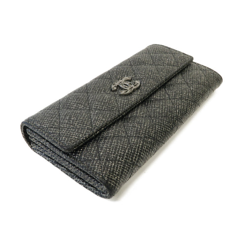 CHANEL Quilted CC SHW Long Wallet Canvas Silver