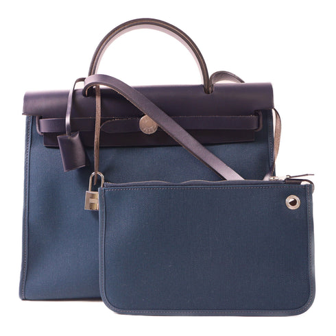 HERMES PHW Herbag PM 2 Way Shoulder Bag Handbag Canvas Blue