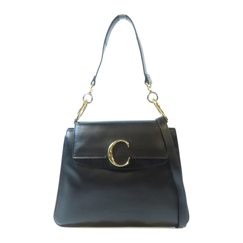 Chloe GHW 2 Way Shoulder Handbag Calfskin Leather Black