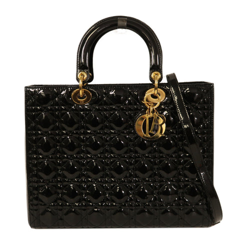 Christian Dior CD GHW Lady Dior Tote 2 Way Bag Handbag Patent Leather Black