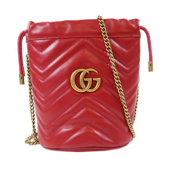GUCCI GHW GG Marmont Bucket Chain Shoulder Bag 575163 Calfskin Leather Red