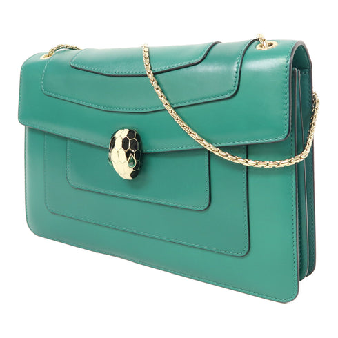 BVLGARI GHW Serpenti Forever Chain Shoulder Bag Calfskin Leather Green