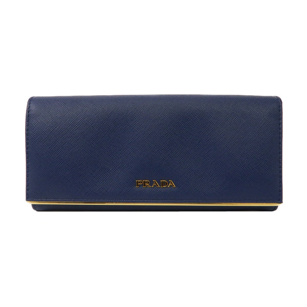 PRADA GHW Long Wallet 1M1132 Calfskin Leather Blue