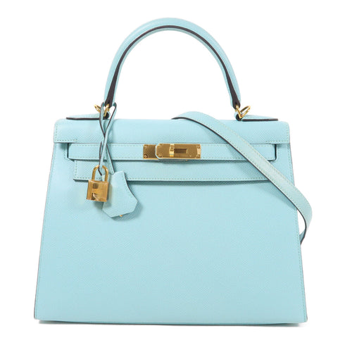 HERMES GHW Kelly 28 2 Way Shoulder Bag Epsom Leather Bleu Atoll
