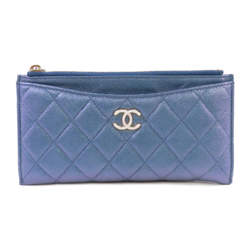 CHANEL Quilted CC GHW Pouch Long Wallet Calfskin Leather Blue
