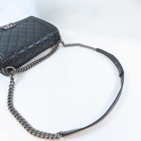 CHANEL Quilted CC Boy Chanel Chain Shoulder Bag Lambskin Leather Black