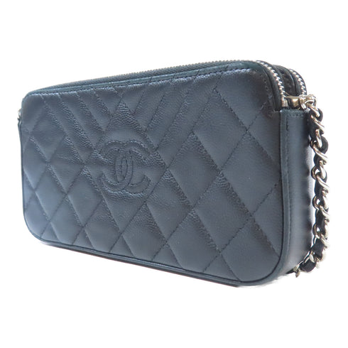 CHANEL Quilted/Herringbone CC SHW Chain Shoulder Bag Calfskin Leather Black