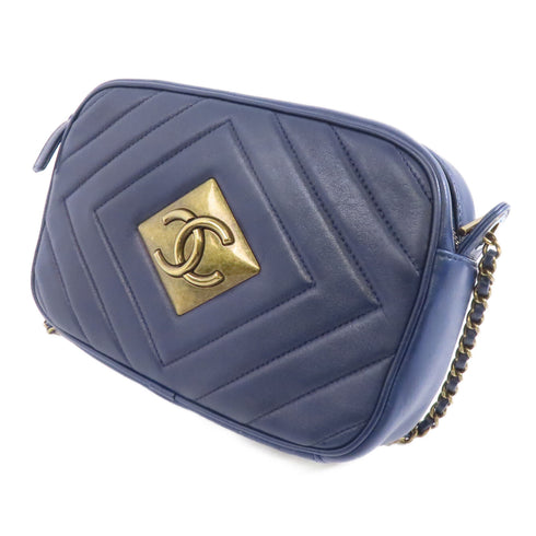 CHANEL Herringbone CC GHW Chain Shoulder Bag Calfskin Leather Blue