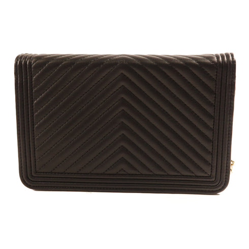 CHANEL CC GHW Boy Wallet On Chain Chain Shoulder Bag Lambskin Leather Black