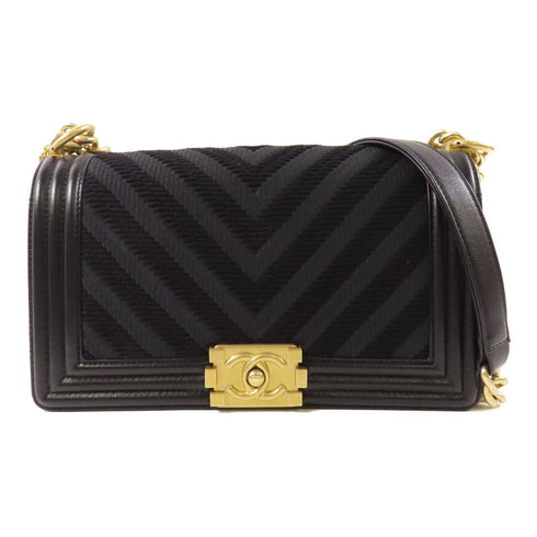 CHANEL CC GHW Boy Chanel Chain Shoulder Bag Canvas Calfskin Leather Black