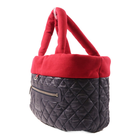 CHANEL Quilted CC SHW Coco Cocoon Hand Bag Calfskin Leather Navy/Red