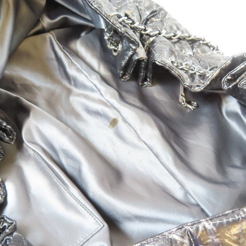 CHANEL Quilted CC SHW Shoulder Handbag Nylon Black Silver Gray