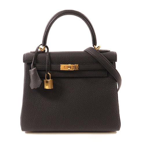 HERMES GHW Kelly 25 2 Way Bag Togo Leather Black