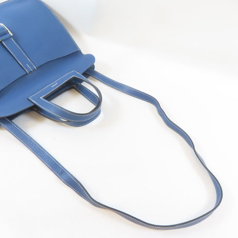 HERMES PHW Halzan 31 2 Way Shoulder Handbag Clemence Leather Blue