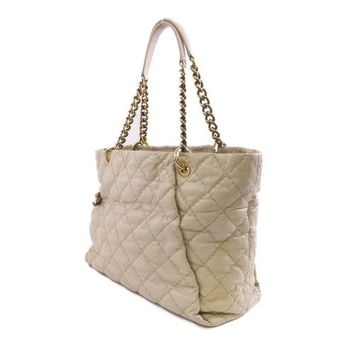 CHANEL Quilted CC GHW Chain Shoulder Tote Bag Calfskin Leather Beige