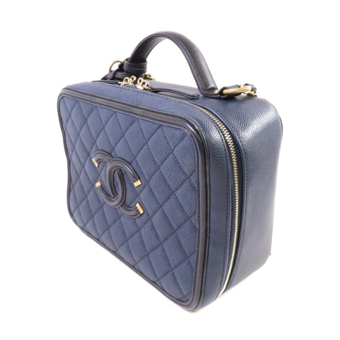 CHANEL Quilted CC GHW Filigree Vanity Case Hand Shoulder Bag Caviar Leather Navy