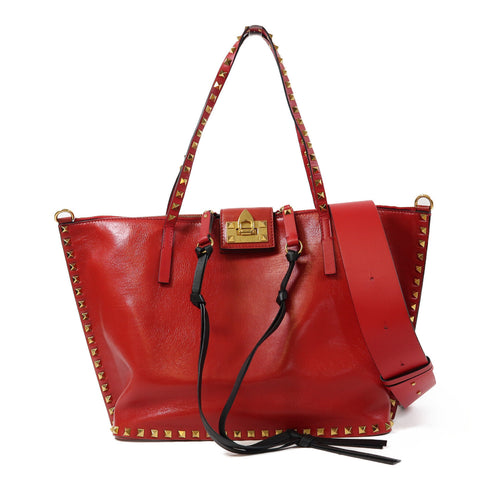 Valentino GHW 2 Way Shoulder Bag Handbag Calfskin Leather Red