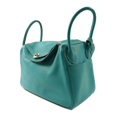 HERMES PHW Lindy 30 2 Way Shoulder Handbag Swift Leather Bleu Paon Green