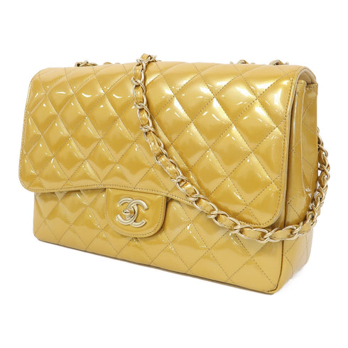 CHANEL Quilted CC GHW Jumbo Classic Chain Shoulder Bag Patent Leather Yellow