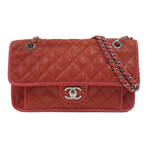 CHANEL Quilted CC SHW Flap Chain Shoulder Bag Leather Red
