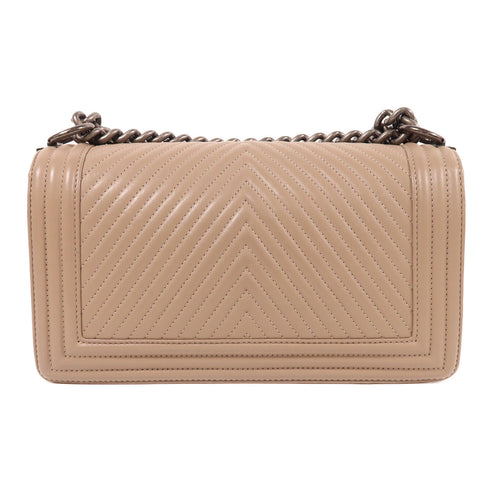 CHANEL CC SHW Boy 25 Chain Shoulder Bag Leather Beige