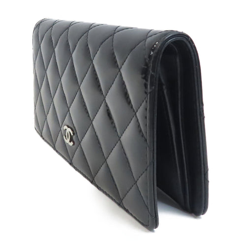 CHANEL Quilted CC SHW Long Wallet Patent Leather Black
