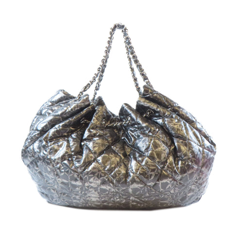 CHANEL Quilted CC SHW Shoulder Handbag Nylon Black Silver Gray