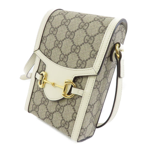 GUCCI GHW GG Supreme Horsebit Mini Shoulder Bag 625615 Coated Canvas Brown White