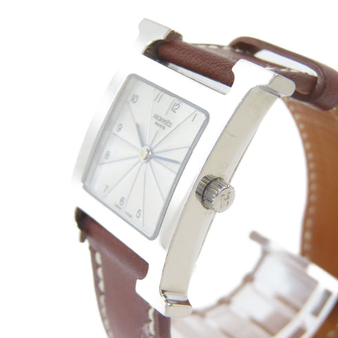 HERMES H watch Quartz Movement Wristwatch Stainless Steel Leather White Brown