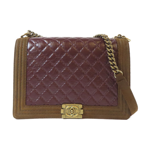 CHANEL Quilted CC GHW Boy 30CM Chain Shoulder Bag Caviar Leather Red Brown