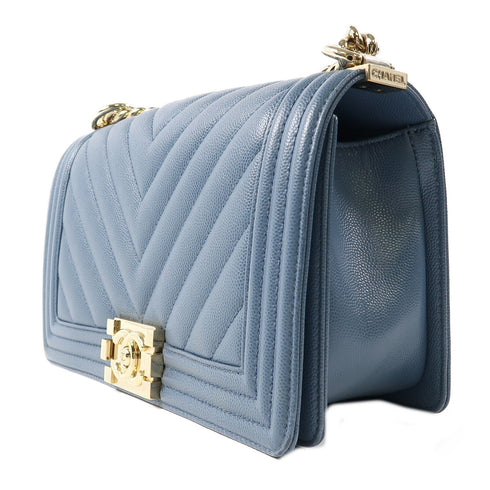 CHANEL CC GHW Boy 25 Chain Shoulder Bag Calfskin Leather Blue