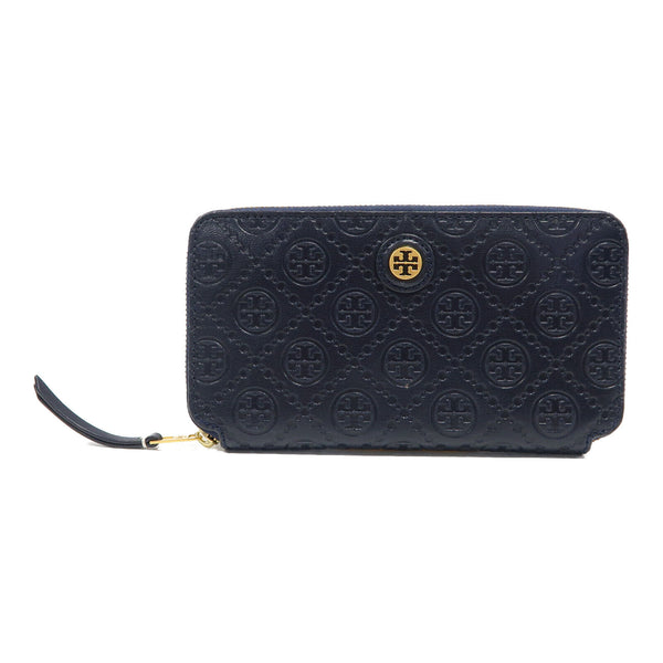 Tory Burch GHW Zipper Long Wallet Calfskin Leather Blue