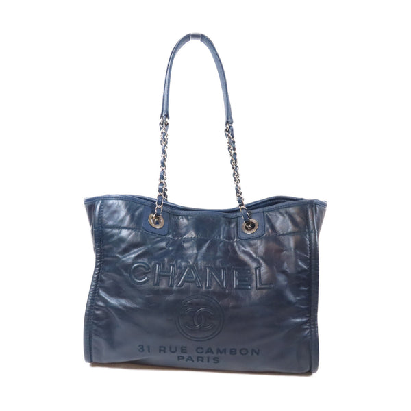 CHANEL CC SHW Beach Tote Bag Chain Shoulder Calfskin Leather Blue