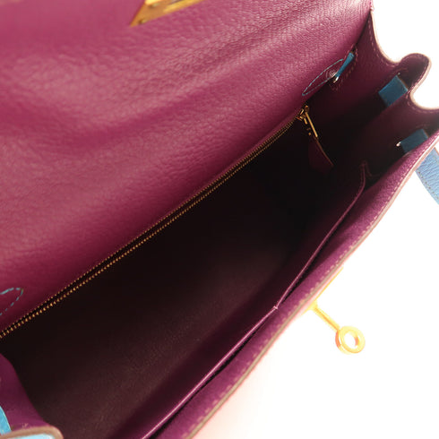 HERMES GHW Kelly 28 2Way Shoulder Hand Bag Chevre Leather Pink/Purple/Blue