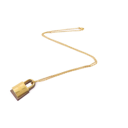 HERMES GHW O'Kelly Necklace Metal Swift Leather Etoupe Brown