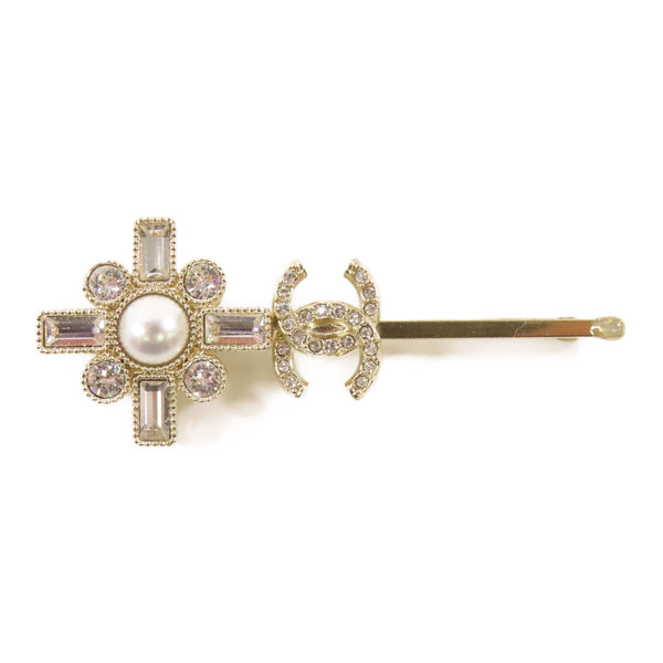 CHANEL CC Hair Clip Metal PVC Crystal Gold White