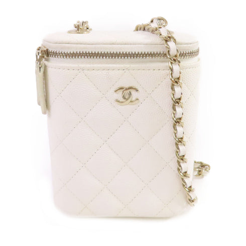 CHANEL CC GHW Vanity Case Chain Shoulder Bag Calfskin Leather White