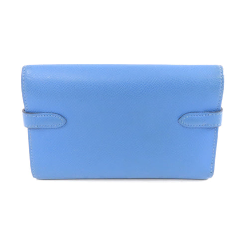 HERMES GHW Kelly Compact Wallet Veau Epsom Leather Blue Paradis