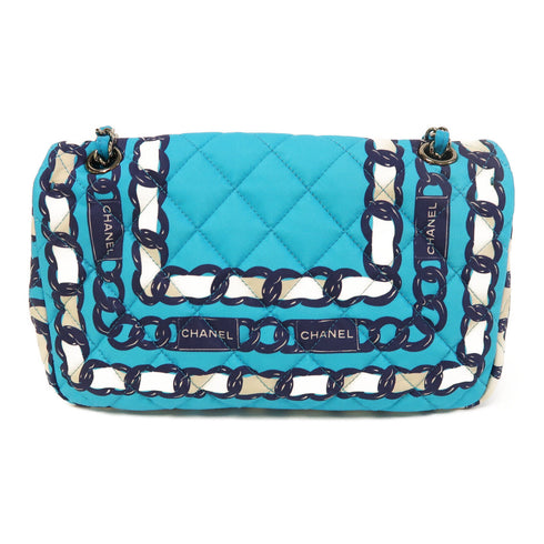 CHANEL Quilted CC SHW Chain Shoulder Bag Canvas Blue