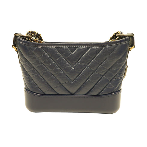 CHANEL Herringbone CC Gabrielle Small Chain Shoulder Bag Lambskin Navy