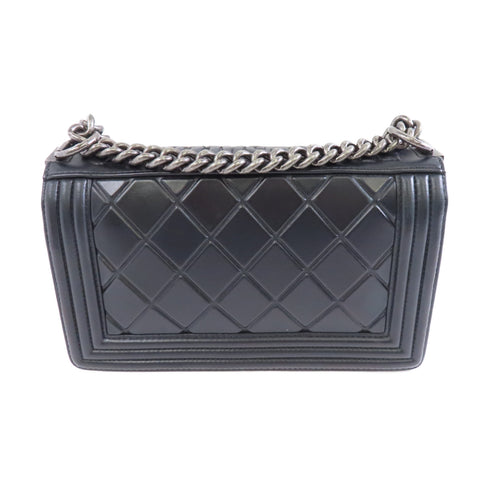 CHANEL Quilted CC SHW Paris Salzburg Boy 25 Chain Shoulder Bag Lambskin Black