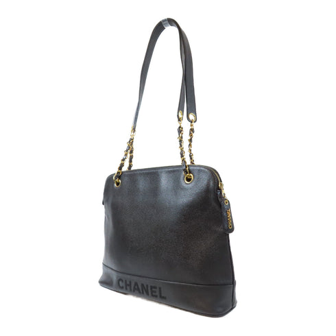 CHANEL CC GHW Vintage Tote Bag Chain Shoulder Bag Calfskin Leather Black