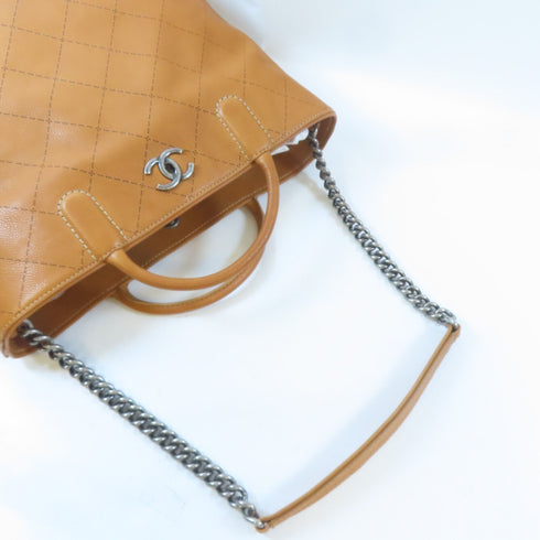 CHANEL Quilted CC 2 Way Shoulder Handbag Calfskin Leather Brown